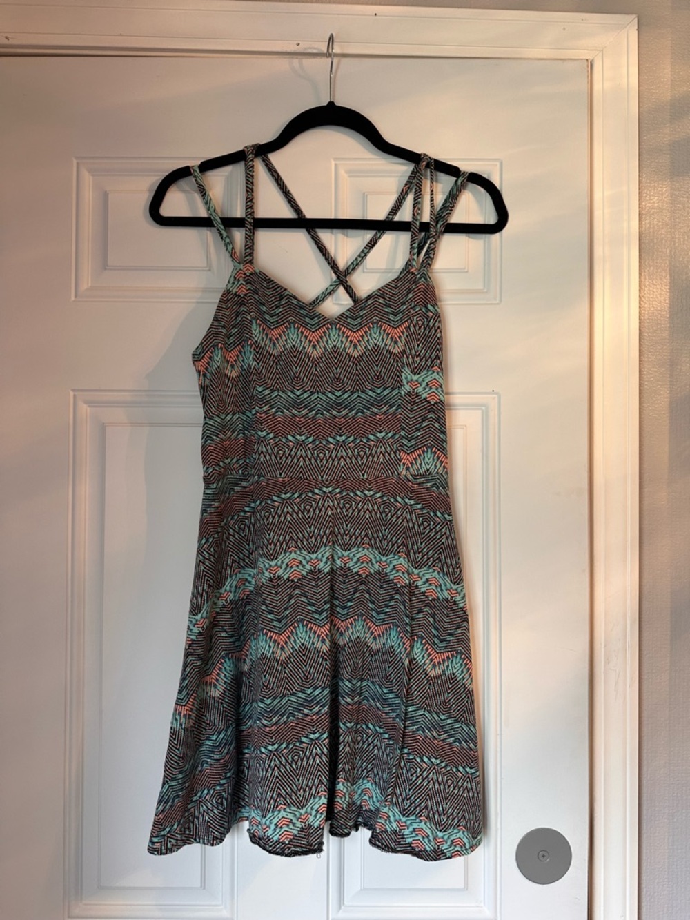 Strappy Patterned Skater Dress in Teal and Coral